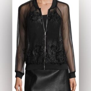 Endless Rose Black Sheer Tulle Embroidered Long Sleeve Bomber Jacket NWT